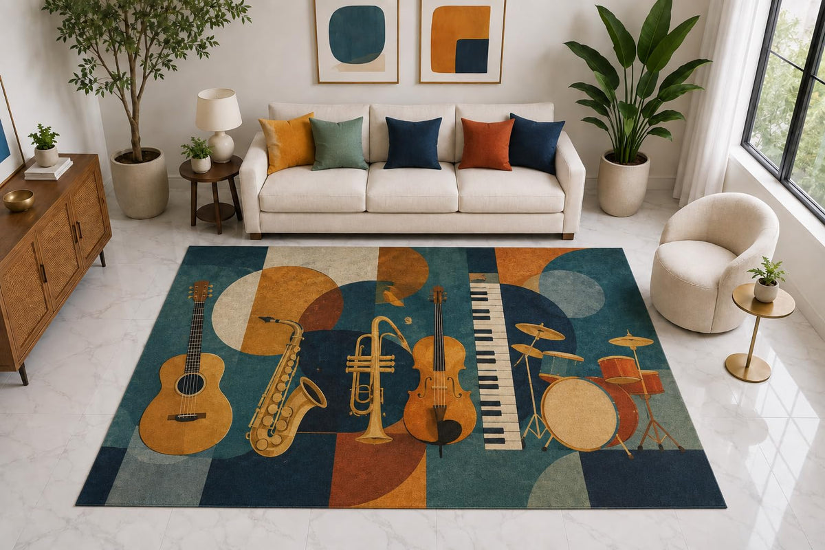 ICE ARMOR "Ultra Light Weight Large 6'7" x 9'10" Retro Jazz Band Rug, Soft Low Pile Indoor Rug, Non-Slip Silicone Backing for Living Room Teal