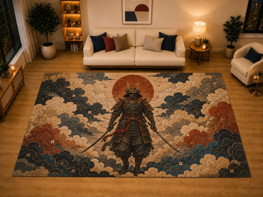 ICE ARMOR "Ultra Light Weight Large 6'7" x 9'10" Cloud Armor Warrior Area Rug for Living Room Bedroom Dining Area, Soft Low Pile Non-Slip Backing, Beige Blue Red Eastern Decor