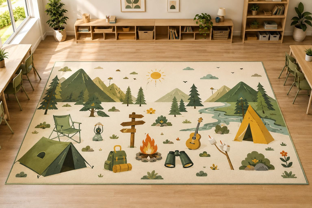 ICE ARMOR Large 6'7" x 9'10" Mountain Camping Nature Area Rug, Soft Low Pile Indoor Rug with Non-Slip Silicone Backing for Kids Room Playroom, Ivory