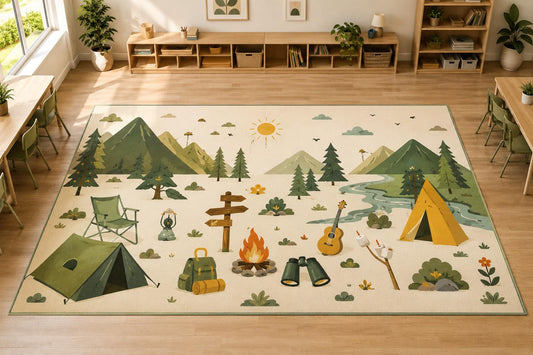 ICE ARMOR Large 6'7" x 9'10" Mountain Camping Nature Area Rug, Soft Low Pile Indoor Rug with Non-Slip Silicone Backing for Kids Room Playroom, Ivory