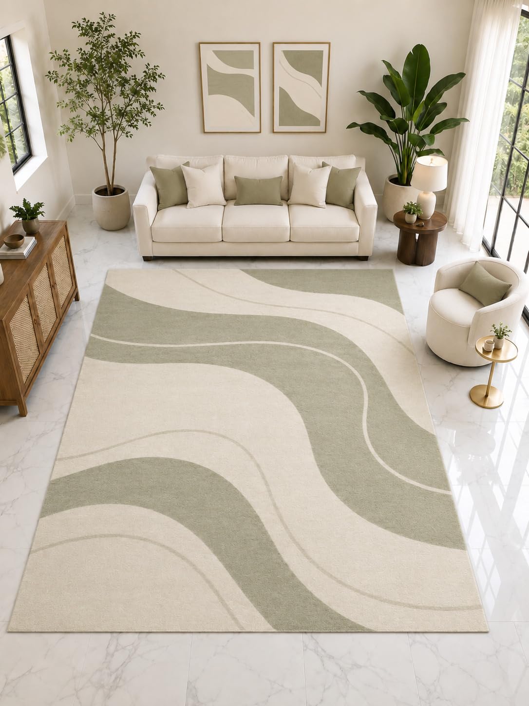 ICE ARMOR Large 6'7" x 9'10" Flowing Wave Area Rug, Soft Low Pile Indoor Rug with Non-Slip Silicone Backing for Living Room Bedroom, Ivory Sage