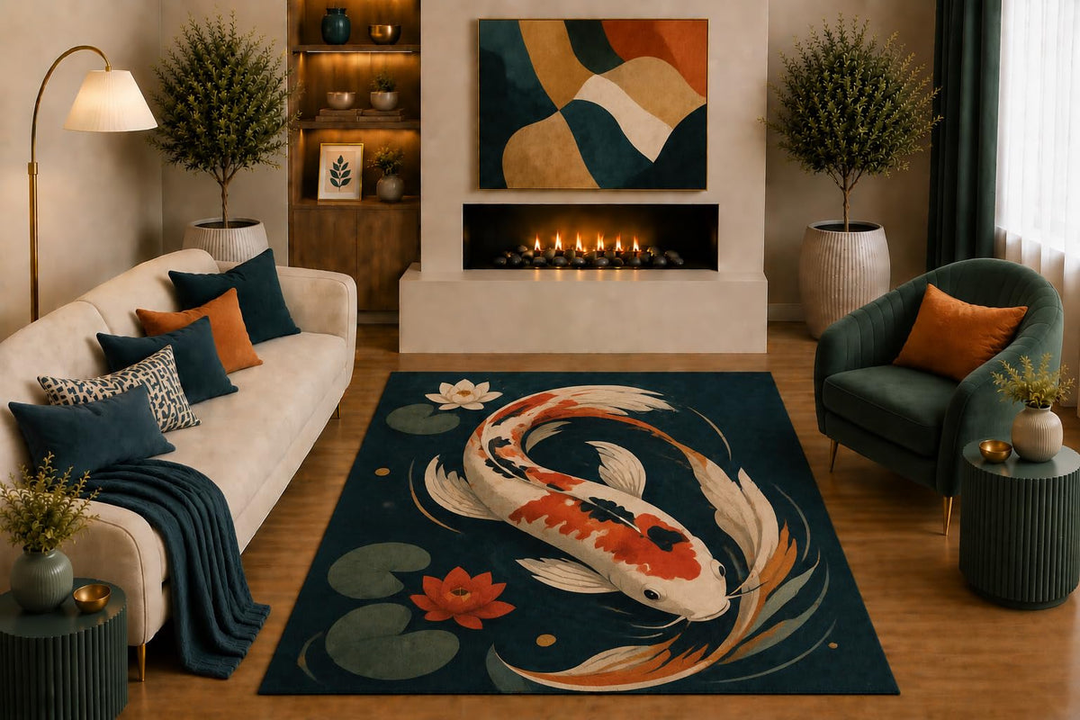 ICE ARMOR "Ultra Light Weight 5' x 7' Koi Fish Lotus Area Rug Japanese Pond Art in Teal Orange for Living Room Bedroom Dining Room Zen Decor Non-Slip Silicone Backing Low Pile