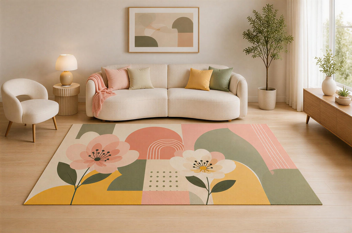 ICE ARMOR 5' x 7' Modern Blossom Area Rug, Large Floral Mid Century Geometric Design for Living Room Bedroom Nursery, Non-Slip Silicone Backing, Low Pile Carpet