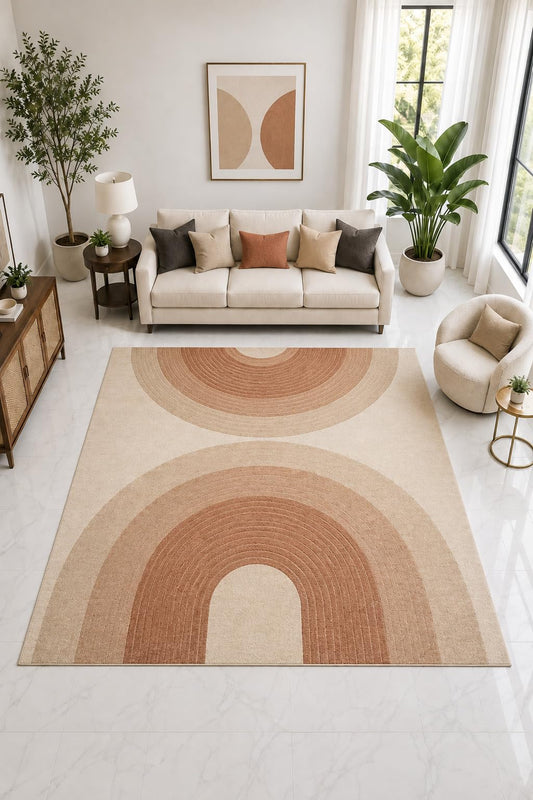 ICE ARMOR "Ultra Light Weight Large 6'7" x 9'10" Arch Geometric Rug, Soft Low Pile Indoor Rug, Non-Slip Silicone Backing Living Room Terracotta