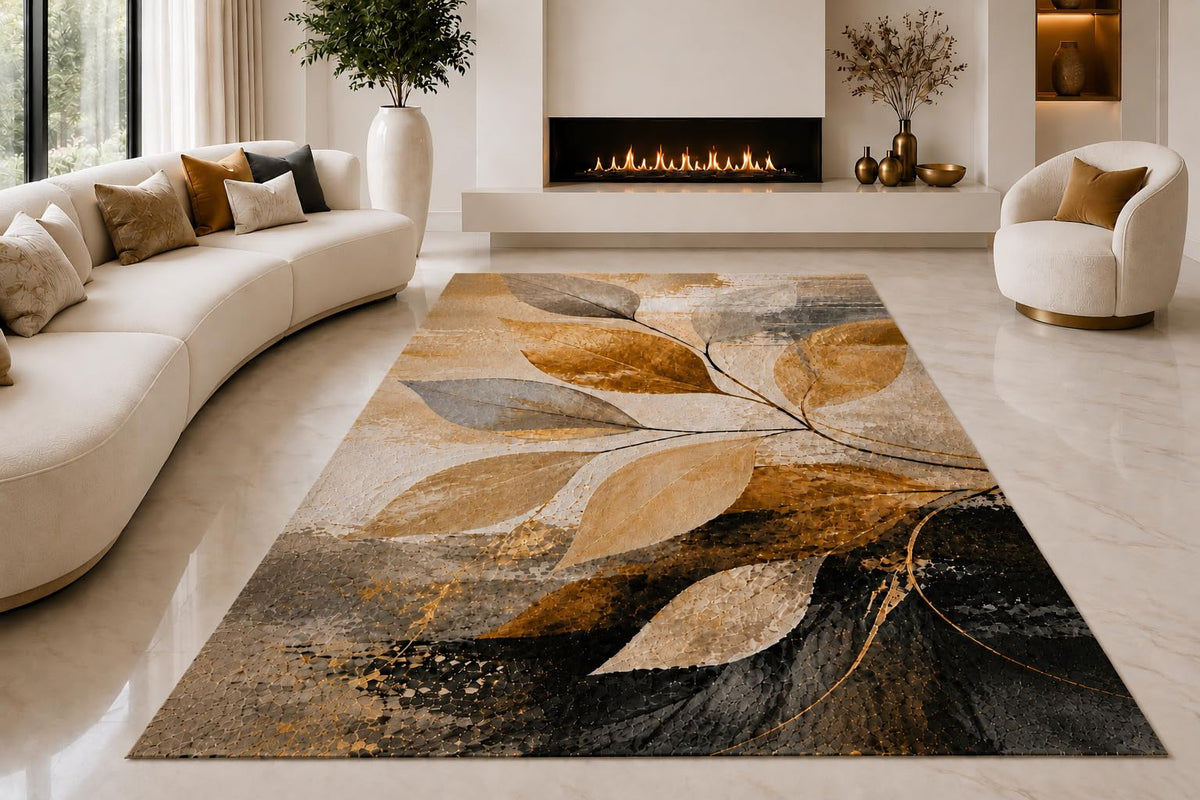 ICE ARMOR "Ultra Lightweight Large 6'7" x 9'10" Modern Leaf Collage Area Rug for Living Room, Bedroom and Home Office, Soft Low Pile Carpet with Non-Slip Silicone Backing, Brown and Black