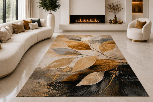 ICE ARMOR "Ultra Lightweight Large 6'7" x 9'10" Modern Leaf Collage Area Rug for Living Room, Bedroom and Home Office, Soft Low Pile Carpet with Non-Slip Silicone Backing, Brown and Black