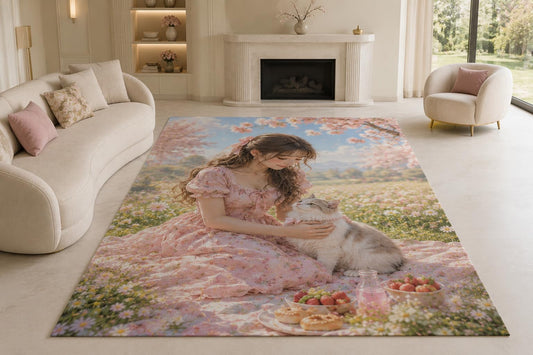 ICE ARMOR "Ultra Lightweight Large 6'7" x 9'10" Spring Picnic Cat Girl Area Rug for Living Room, Bedroom and Home Office, Soft Low Pile Carpet with Non-Slip Silicone Backing, Pink and Cream