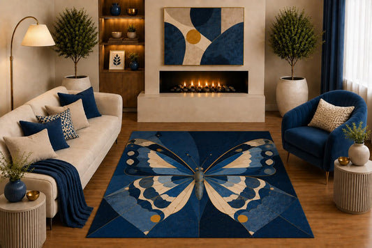 ICE ARMOR "Ultra Light Weight 5' x 7' Blue Butterfly Area Rug Art Deco Geometric Insect Design for Living Room Bedroom Office Decor Non-Slip Silicone Backing Low Pile