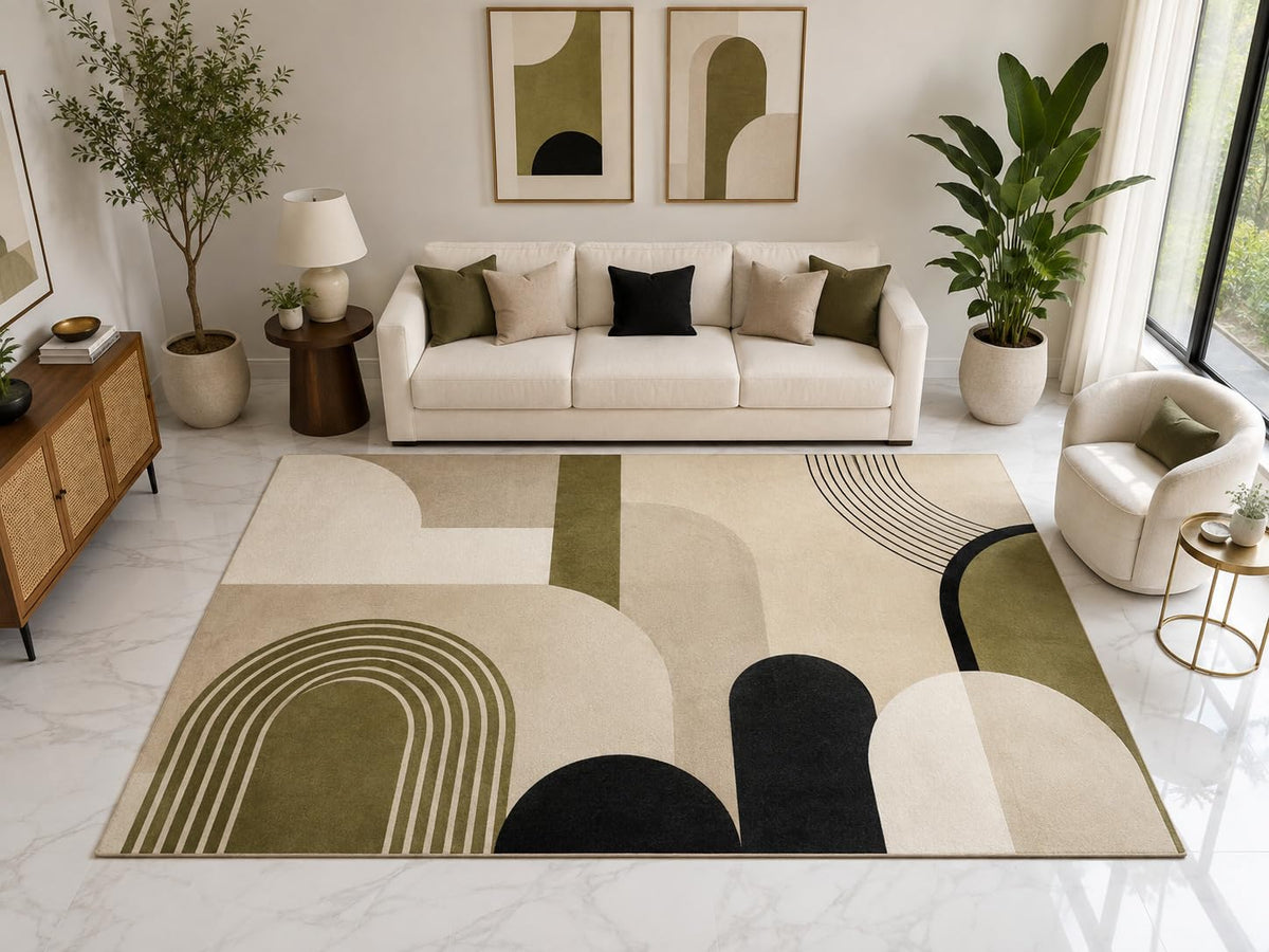 ICE ARMOR Large 6'7" x 9'10" Abstract Arc Area Rug, Soft Low Pile Indoor Rug with Non-Slip Silicone Backing for Living Room Bedroom, Beige Gray