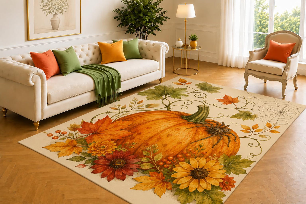 ICE ARMOR 5' x 7' Autumn Pumpkin Spider Rug, Cheerful Sunflower Leaf Design, Washable Floor Cover with Anti-Skid Base for Kids Room, Entryway and Family Space