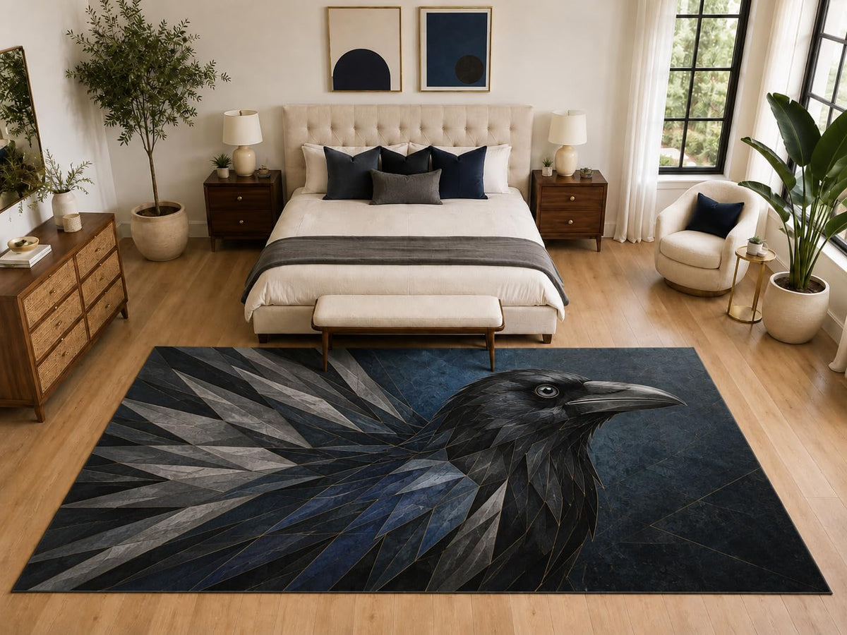 ICE ARMOR "Ultra Light Weight Large 6'7" x 9'10" Raven Bird Area Rug Carpet Soft Low Pile Indoor Rug and Non-Slip Silicone Backing Living Room Black