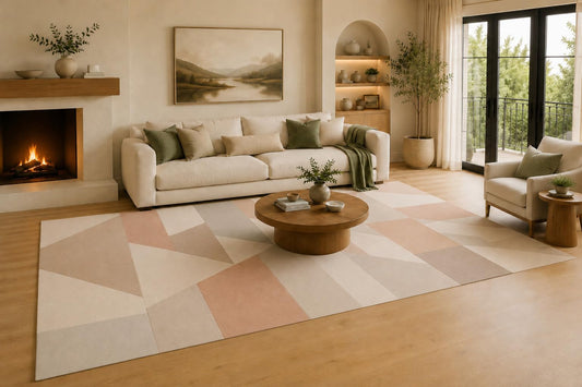 ICE Armor Large 6'7" x 9'10" Blush Pink and Beige Modern Geometric Panel Area Rug for Living Room, Soft Low Pile Carpet with Non-Slip Silicone Backing, Decor for Bedroom, Dining Area and Home Office