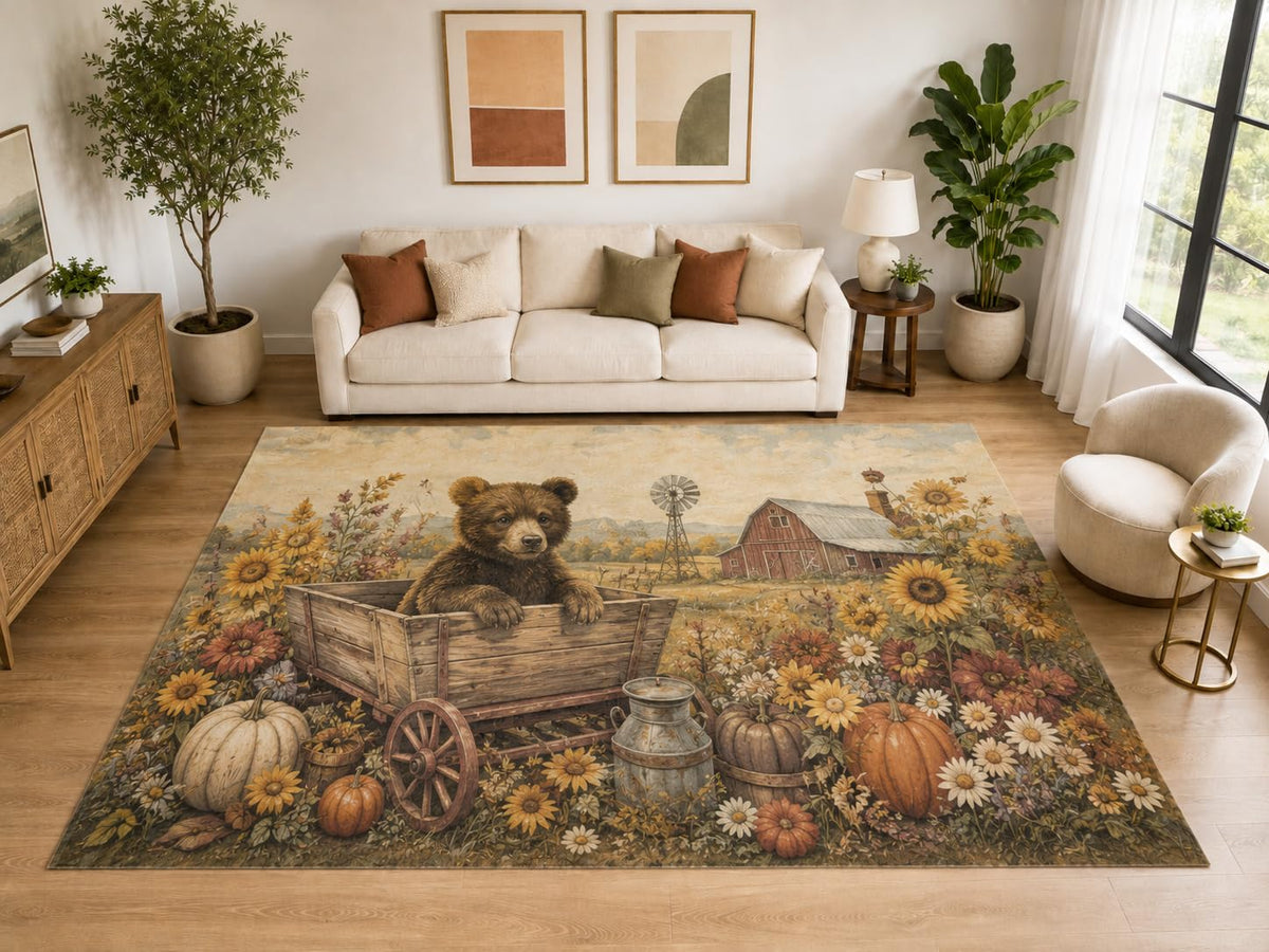 ICE ARMOR "Ultra Light Weight Large 6'7" x 9'10" Bear Cub Farm Wagon Area Rug, Soft Low Pile Indoor Rug, Non-Slip Silicone Backing, Kids Room, Brown
