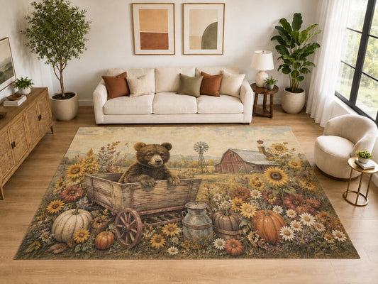 ICE ARMOR "Ultra Light Weight Large 6'7" x 9'10" Bear Cub Farm Wagon Area Rug, Soft Low Pile Indoor Rug, Non-Slip Silicone Backing, Kids Room, Brown