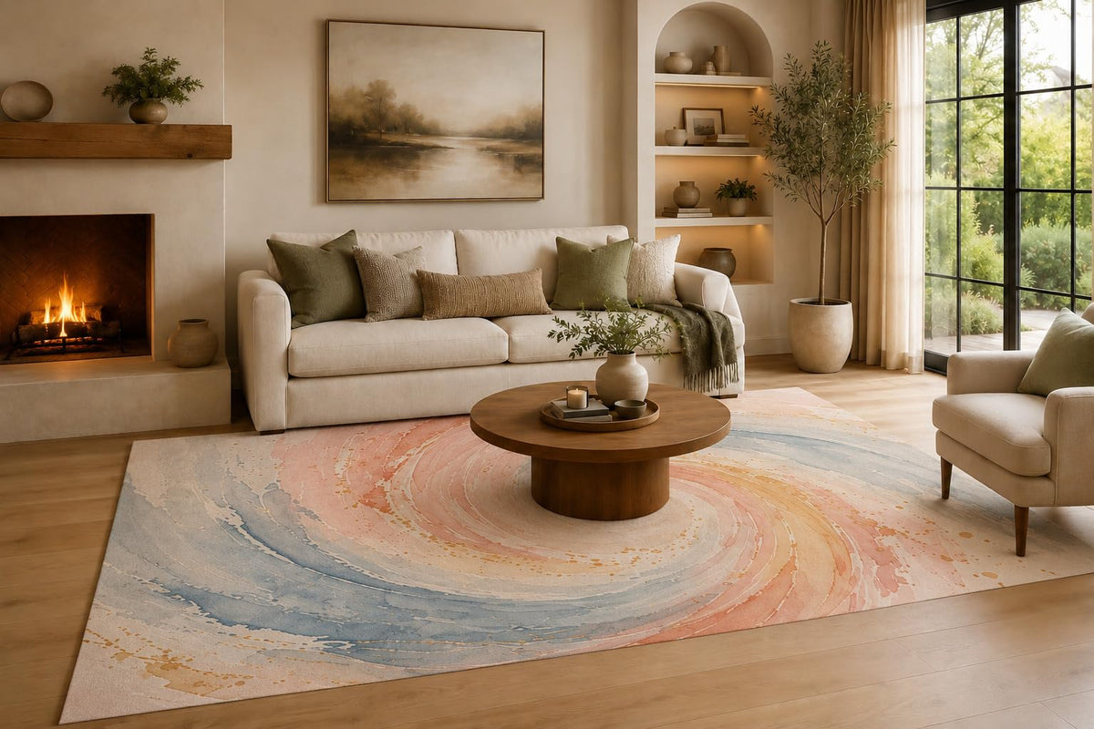 ICE ARMOR Large 6'7" x 9'10" Coral and Blue Whirlpool Motion Area Rug for Living Room, Soft Low Pile Carpet with Non-Slip Silicone Backing, Decor for Bedroom, Dining Area and Home Office
