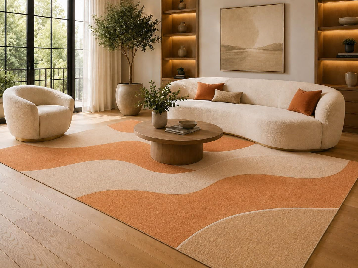 ICE ARMOR 6'7" x 9'10" Orange and Cream Flowing Wave Bands Area Rug for Living Room, Soft Low Pile Carpet with Non-Slip Silicone Backing, Floor Decor for Bedroom, Dining Area and Home Office