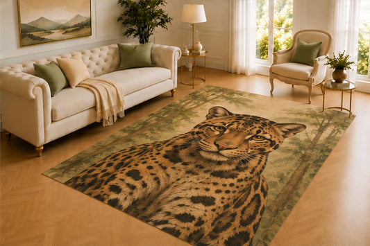 ICE ARMOR 5' x 7' Leopard Rug, Majestic Spotted Big Cat in Tropical Forest Art, Smooth Printed Floor Cover for Living Room, Bedroom, Office and Safari Decor