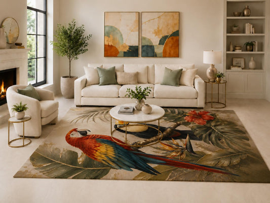 ICE ARMOR 6'7" x 9'10" Tropical Parrot Garden Area Rug for Living Room, Soft Low Pile Carpet with Non-Slip Silicone Backing, for Bedroom, Dining Area and Office, Multicolored, Cozy Interior Decor