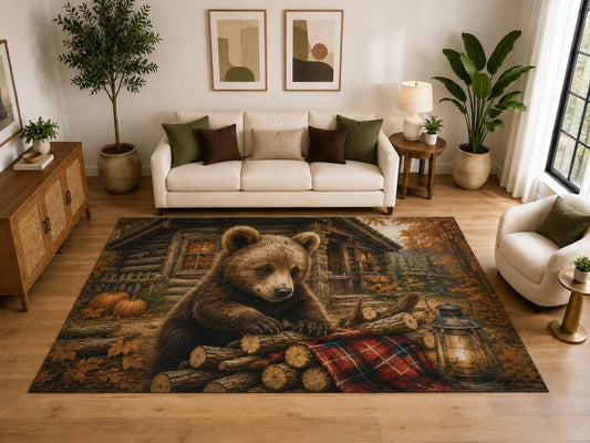 ICE ARMOR "Ultra Light Weight Large 6'7" x 9'10" Bear Cub Firewood Area Rug, Soft Low Pile Indoor Rug, Non-Slip Silicone Backing, Kids Room, Brown