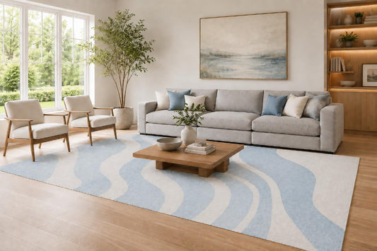 ICE ARMOR Large 6'7" x 9'10" Blue and Ivory Minimalist Wave Pattern Area Rug for Living Room, Soft Low Pile Carpet with Non-Slip Silicone Backing, Decor for Bedroom and Home Office