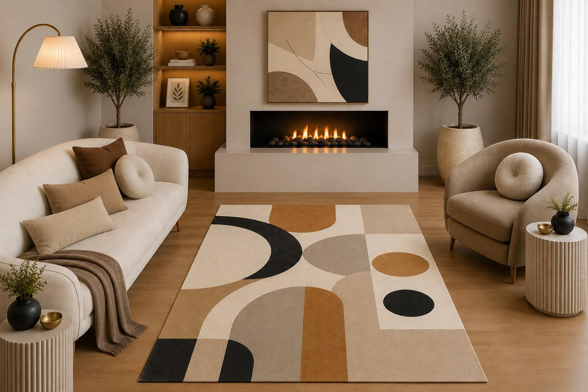 ICE ARMOR "Ultra Light Weight 5' x 7' Mid Century Modern Area Rug Beige Tan Black Abstract Arch and Circle Design for Living Room Bedroom Dining Room Office Non-Slip Silicone Backing Low Pile