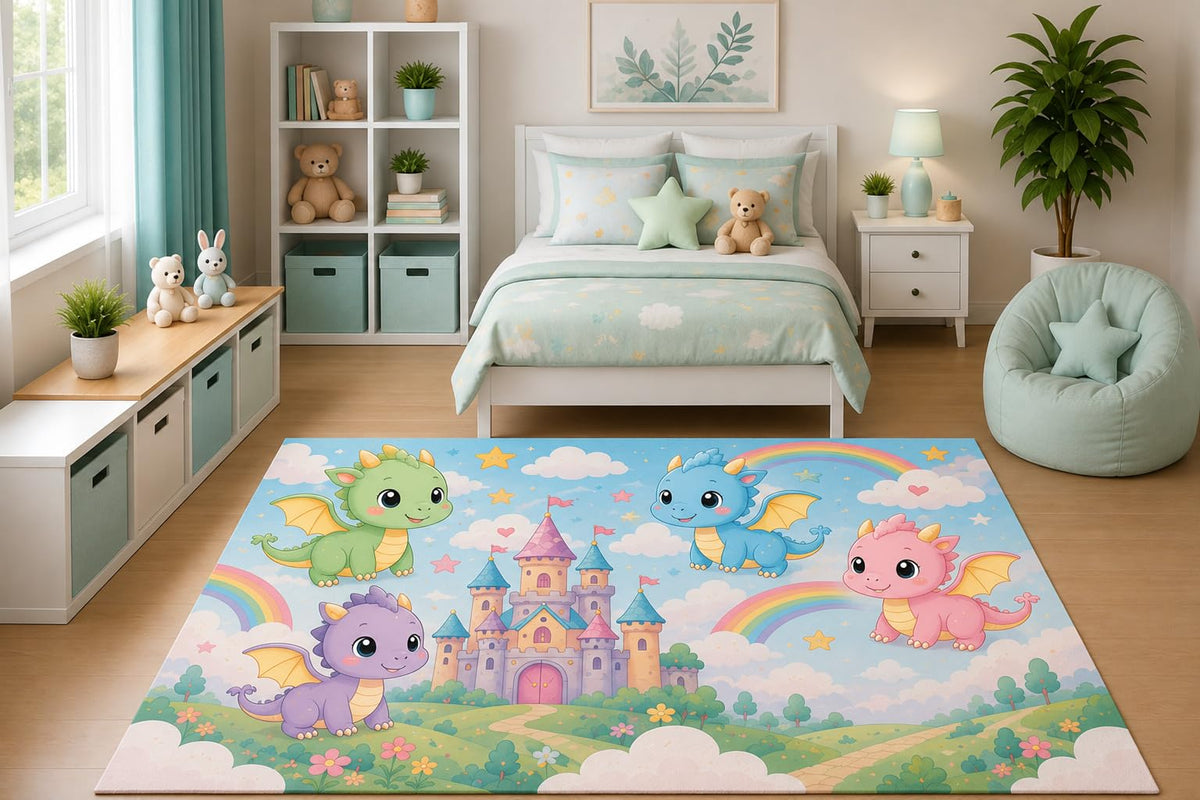 ICE ARMOR 5' x 7' Cute Baby Dragon Castle Area Rug Fantasy Rainbow Fairytale Nursery Bedroom Playroom Decor for Boys and Girls Non-Slip Silicone Backing Low Pile