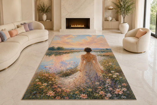 ICE ARMOR "Ultra Lightweight Large 6'7" x 9'10" Flower Field Wanderer Area Rug for Living Room, Bedroom and Home Office, Soft Low Pile Carpet with Non-Slip Silicone Backing, Peach and Blue