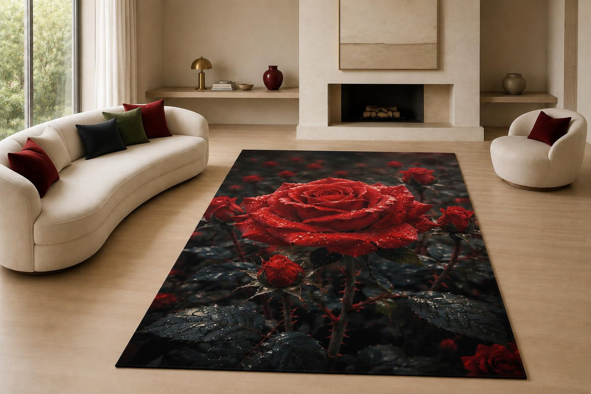 ICE ARMOR "Ultra Lightweight Large 6'7" x 9'10" Rainy Red Rose Area Rug for Living Room, Bedroom and Home Office, Soft Low Pile Carpet with Non-Slip Silicone Backing, Red and Black