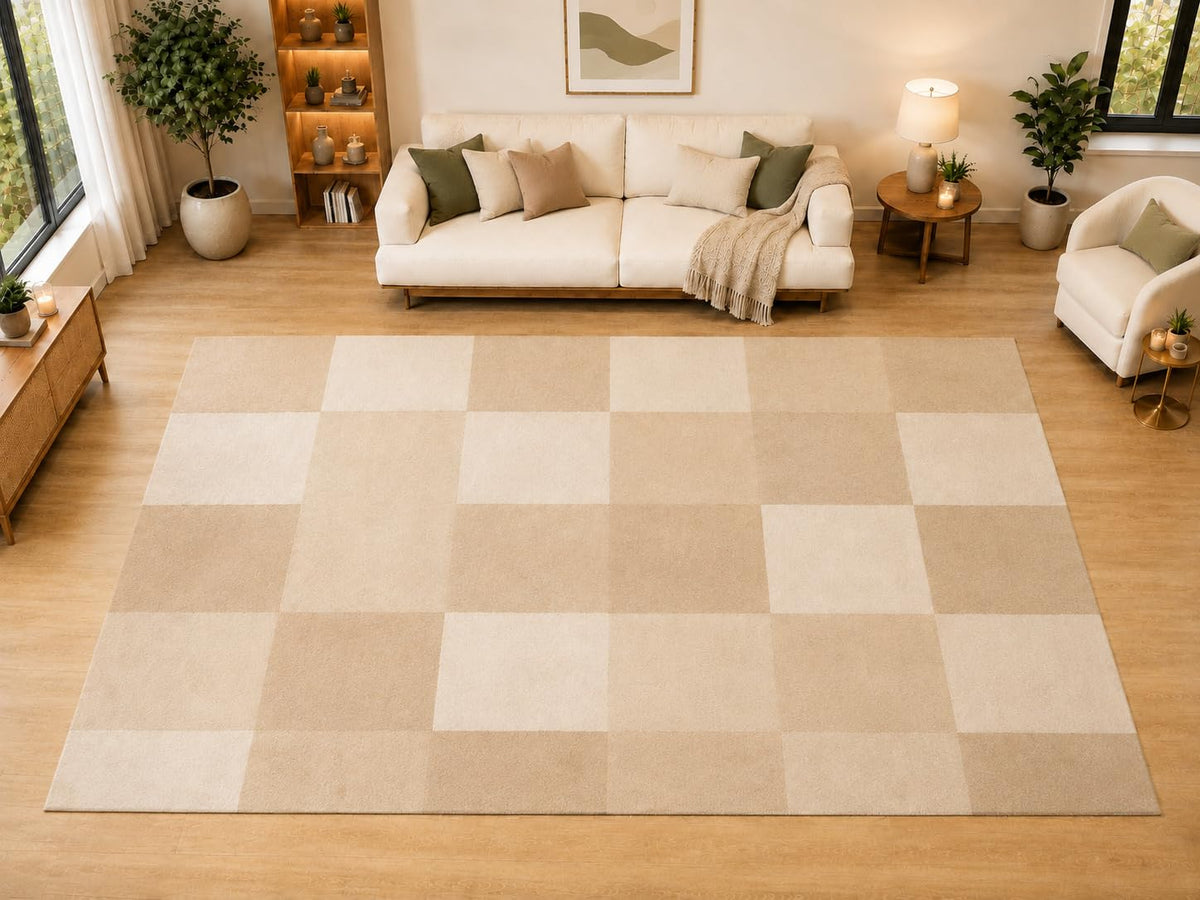 ICE ARMOR "Ultra Light Weight Large 6'7" x 9'10" Modern Checker Block Area Rug for Living Room, Bedroom, Dining Room, Soft Low Pile Non-Slip Backing, Beige Ivory