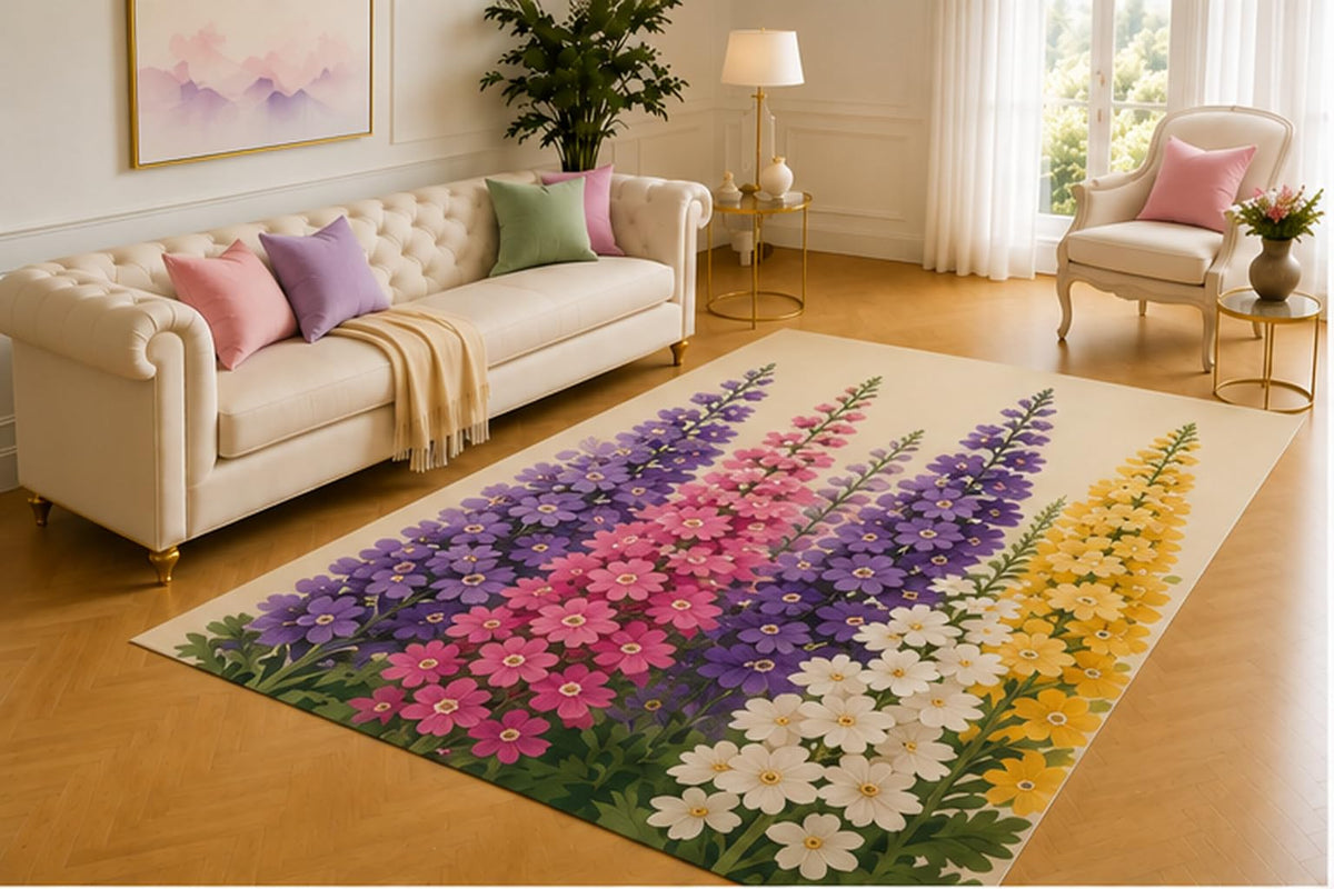ICE ARMOR 5' x 7' Lupine Garden Rug, Tall Purple, Pink, Yellow and White Flower Spires with Green Leaves, Elegant Accent for Bedroom, Sunroom or Sitting Area