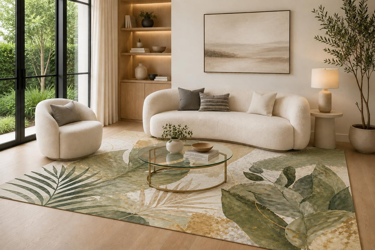 ICE ARMOR 6'7" x 9'10" Sage Green, Beige and Cream Tropical Garden Area Rug for Living Room, Soft Low Pile Carpet with Non-Slip Backing for Bedroom, Dining Room and Home Office