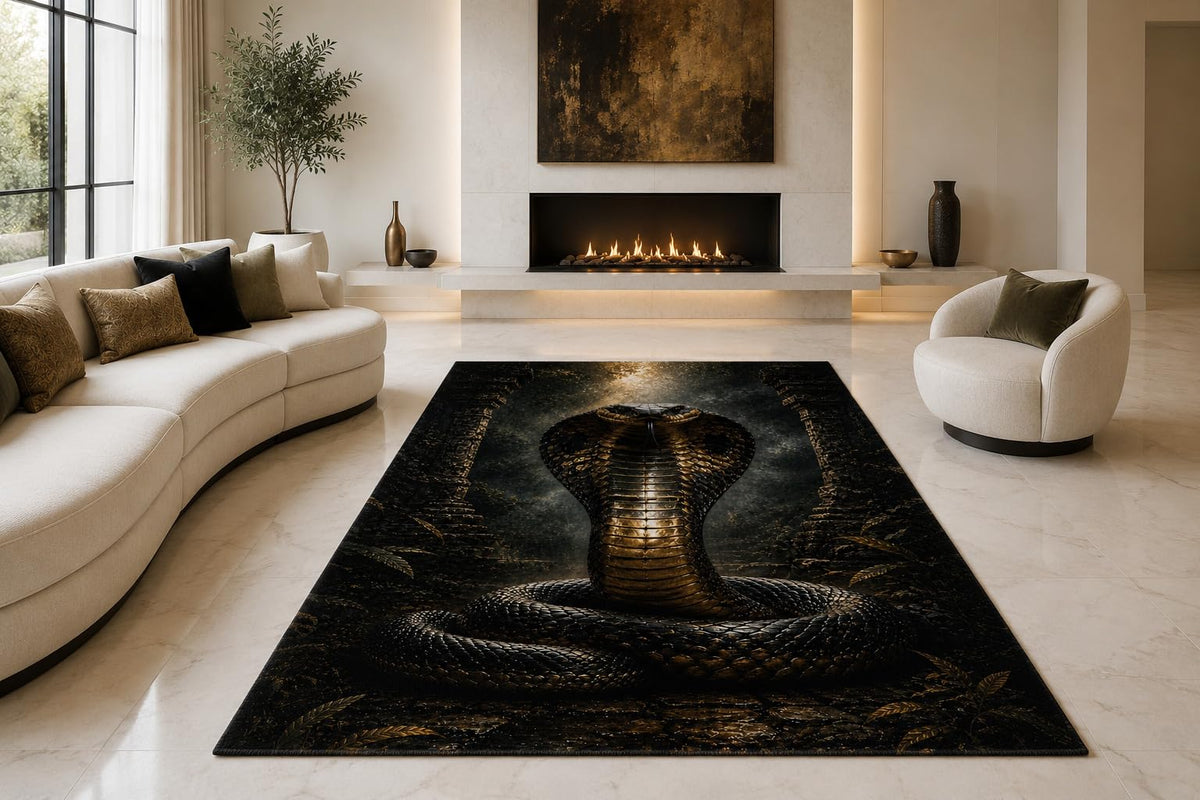 ICE ARMOR "Ultra Lightweight Large 6'7" x 9'10" Royal Cobra Snake Area Rug for Living Room, Bedroom and Home Office, Soft Low Pile Carpet with Non-Slip Silicone Backing, Black and Bronze
