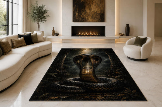ICE ARMOR "Ultra Lightweight Large 6'7" x 9'10" Royal Cobra Snake Area Rug for Living Room, Bedroom and Home Office, Soft Low Pile Carpet with Non-Slip Silicone Backing, Black and Bronze