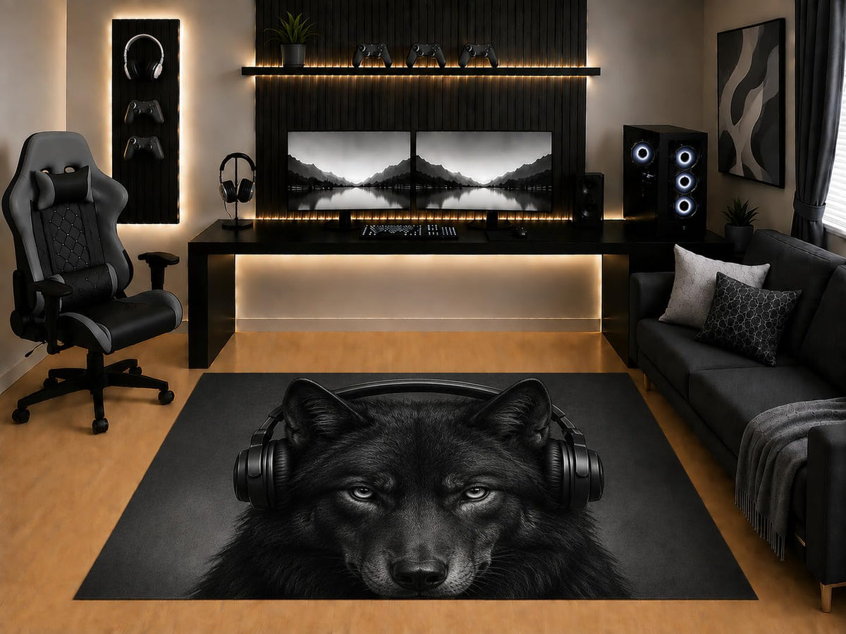 ICE ARMOR "Ultra Light Weight 5' x 7' Black Wolf Headphones Area Rug Realistic Gamer Animal Portrait for Gaming Room Bedroom Living Room Non-Slip Silicone Backing Low Pile