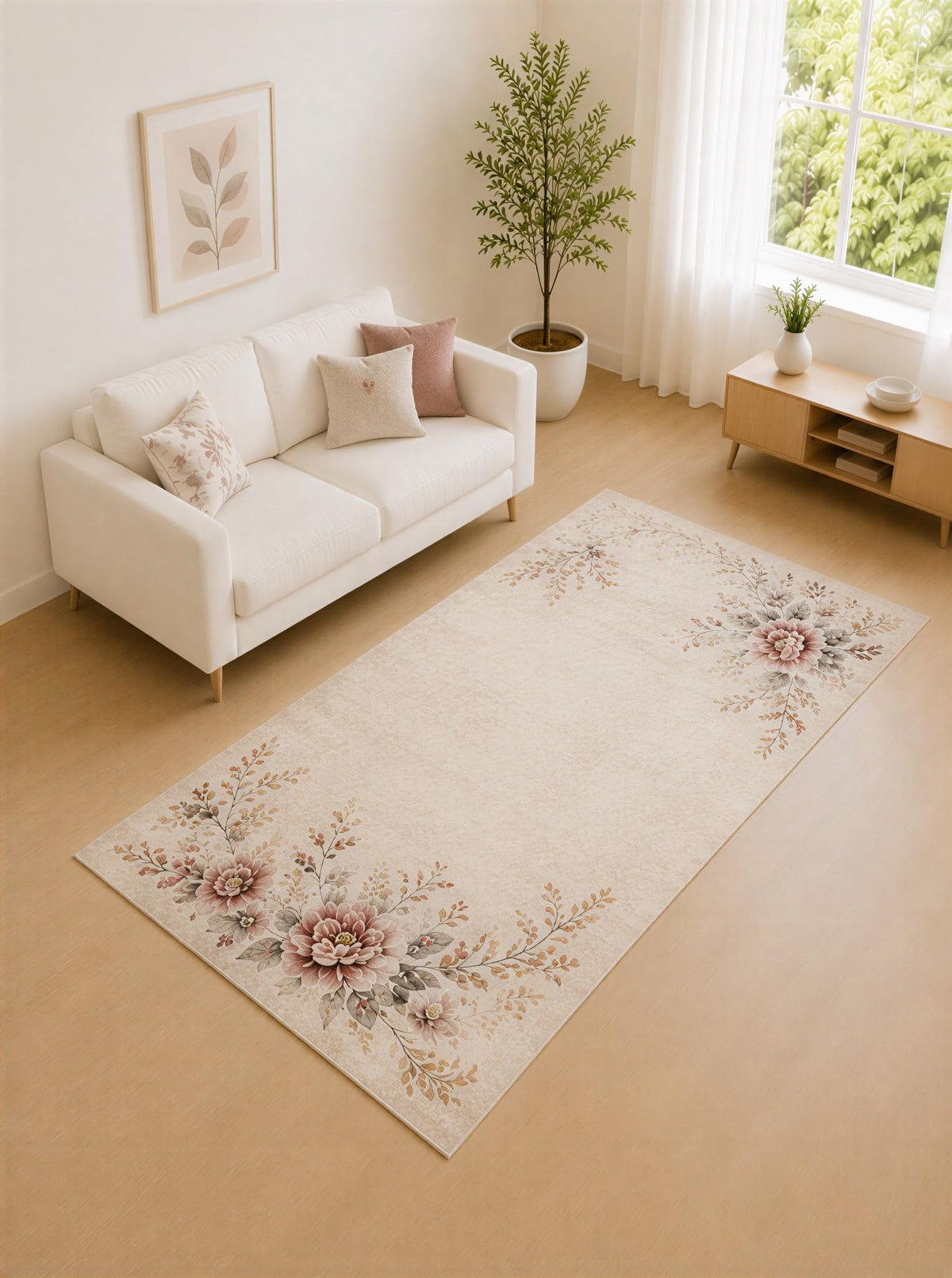 ICE ARMOR "Ultra Lightweight 5' x 7' Cream and Rose Corner Bouquet Area Rug for Living Room, Bedroom and Home Office, Soft Low Pile Carpet with Non-Slip Silicone Backing