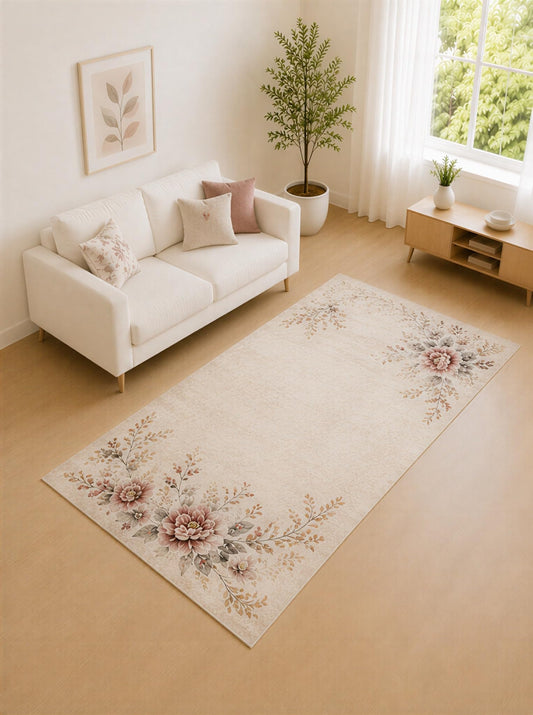 ICE ARMOR "Ultra Lightweight 5' x 7' Cream and Rose Corner Bouquet Area Rug for Living Room, Bedroom and Home Office, Soft Low Pile Carpet with Non-Slip Silicone Backing