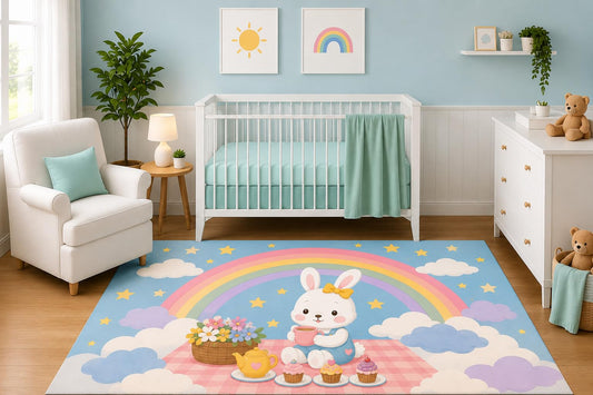 ICE ARMOR 5' x 7' Rainbow Picnic Bunny Area Rug for Nursery Room, Cute Pastel Clouds and Stars Landscape Design, Baby Bedroom Decor, Non-Slip Silicone Backing Low Pile