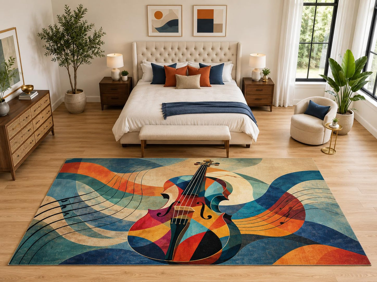 ICE ARMOR "Ultra Light Weight Large 6'7" x 9'10" Abstract Violin Music Rug, Soft Low Pile Indoor Rug, Non-Slip Silicone Backing for Bedroom Blue