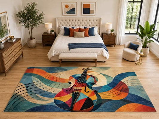 ICE ARMOR "Ultra Light Weight Large 6'7" x 9'10" Abstract Violin Music Rug, Soft Low Pile Indoor Rug, Non-Slip Silicone Backing for Bedroom Blue