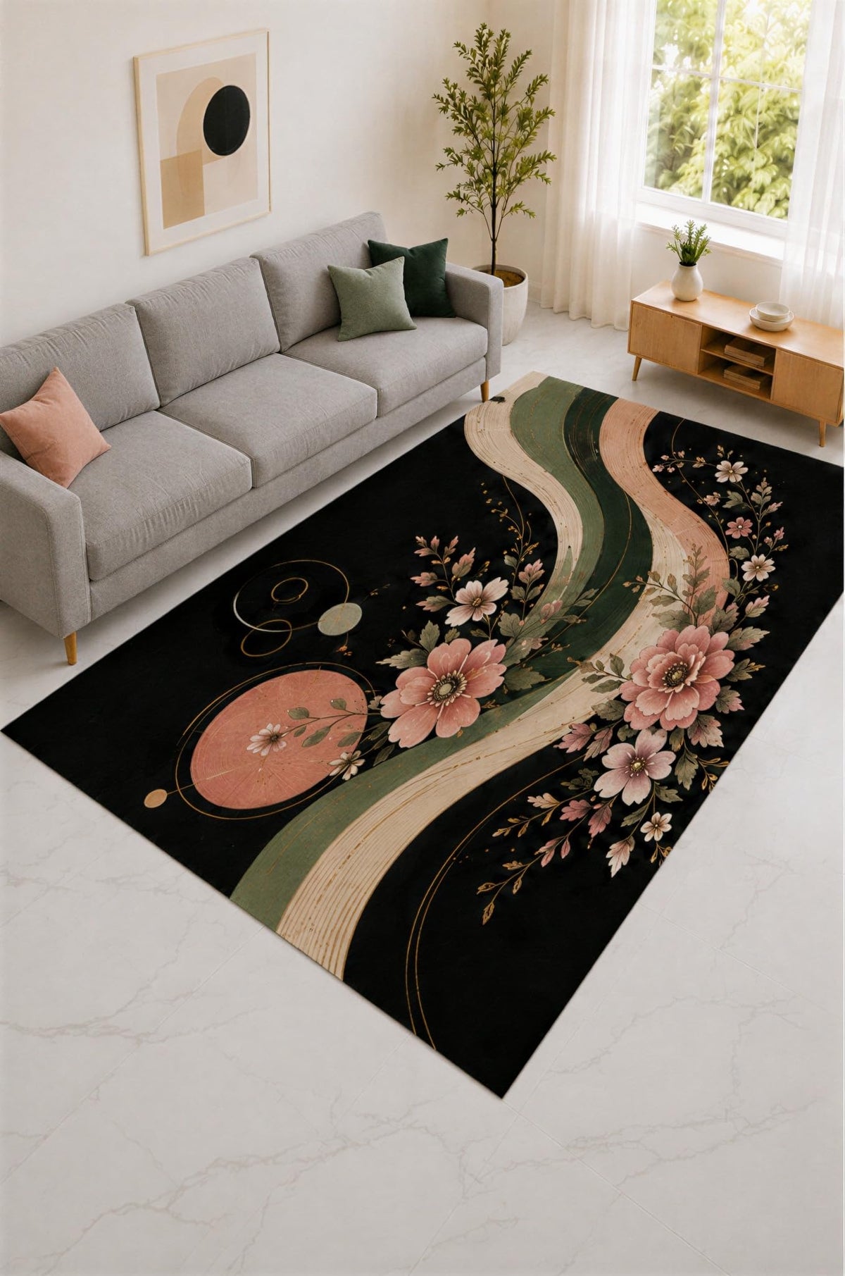 ICE ARMOR "Ultra Lightweight Large 6'7" x 9'10" Pink and Sage Watercolor Garden Area Rug for Living Room, Bedroom and Home Office, Soft Low Pile Carpet with Non-Slip Silicone Backing
