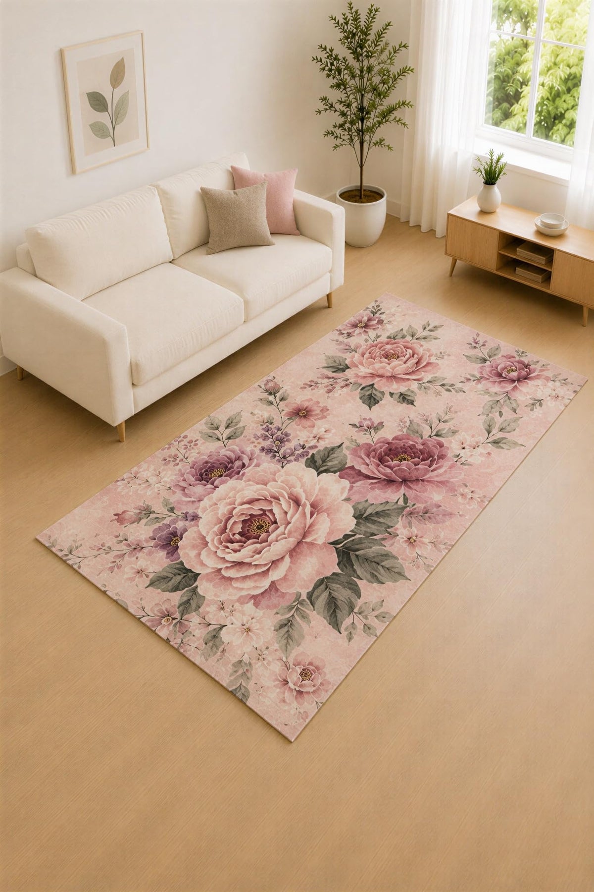 ICE ARMOR "Ultra Lightweight 5' x 7' Blush and Mauve Peony Garden Area Rug for Living Room, Bedroom and Home Office, Soft Low Pile Carpet with Non-Slip Silicone Backing