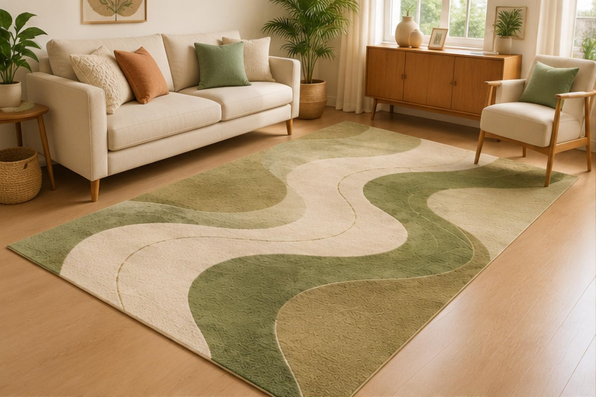 ICE ARMOR 5' x 7' Organic Flowing Curve Area Rug for Living Room, Soft Low Pile Indoor Rug with Non-Slip Silicone Backing, Modern Abstract Carpet for Bedroom, Dining Room, Office, Sage Green Beige