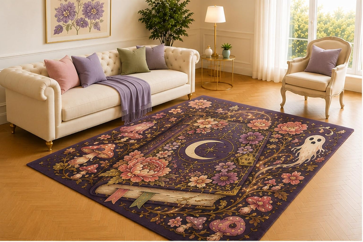 ICE ARMOR 5' x 7' Celestial Spellbook Rug, Purple Floral Grimoire with Moon, Ghost and Mushrooms, Mystical Floor Decor for Bedroom, Meditation Area or Study