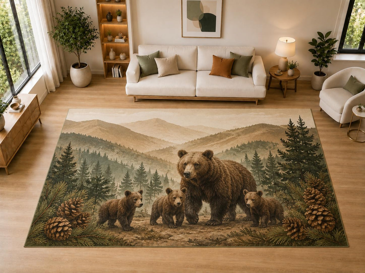 ICE ARMOR "Ultra Light Weight Large 6'7" x 9'10" Bear Family, Living Room, Bedroom, Dining Room, Office, Family Room, Soft Low Pile Indoor Rug, Non-Slip Silicone Backing, Brown