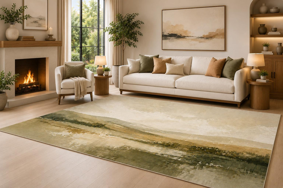 ICE ARMOR 6'7" x 9'10" Olive Horizon Waves Area Rug for Living Room, Soft Low Pile Indoor Floor Mat with Non-Slip Silicone Backing, Floor Accent for Bedroom, Dining Space and Office, Olive Green