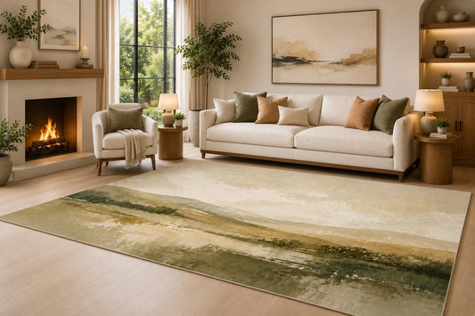ICE ARMOR 6'7" x 9'10" Olive Horizon Waves Area Rug for Living Room, Soft Low Pile Indoor Floor Mat with Non-Slip Silicone Backing, Floor Accent for Bedroom, Dining Space and Office, Olive Green