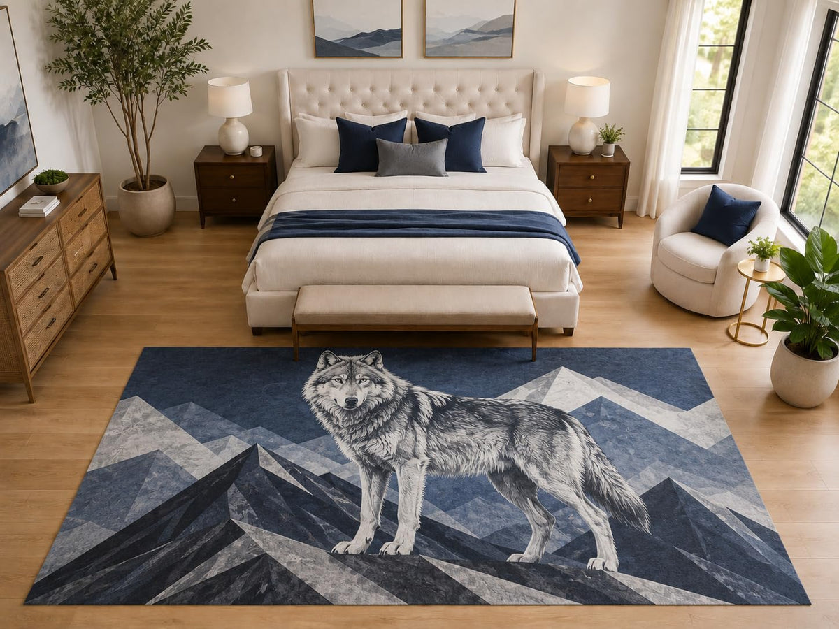 ICE ARMOR "Ultra Light Weight Large 6'7" x 9'10" Mountain Wolf Area Rug Carpet Soft Low Pile Indoor Rug and Non-Slip Silicone Backing Blue Gray