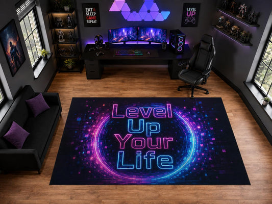 ICE ARMOR "Ultra Light Weight Large 6'7" x 9'10" Level Up Your Life Neon Gaming Area Rug for Playroom Decor, Soft Low Pile Indoor Rug with Non-Slip Silicone Backing, Black Pink Blue