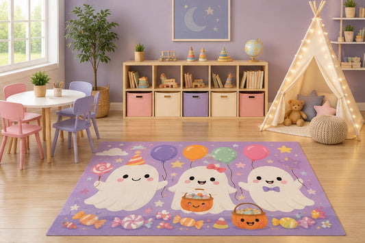 ICE ARMOR 5' x 7' Cute Ghost Candy Party Kids Area Rug, Whimsical Halloween Cartoon Nursery Playroom Bedroom Classroom Decor, Non-Slip Silicone Backing Low Pile