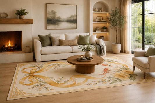ICE ARMOR Large 6'7" x 9'10" Golden Color and Ivory Rose Ribbon Koi Area Rug for Living Room, Soft Low Pile Carpet with Non-Slip Silicone Backing, Decor for Bedroom, Dining Area and Home Office